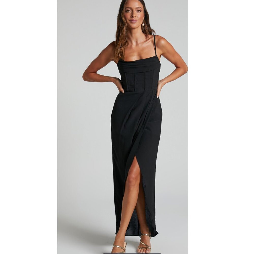 Showpo. Andrina Midi Dress - High Low Wrap Corset Dress - Black